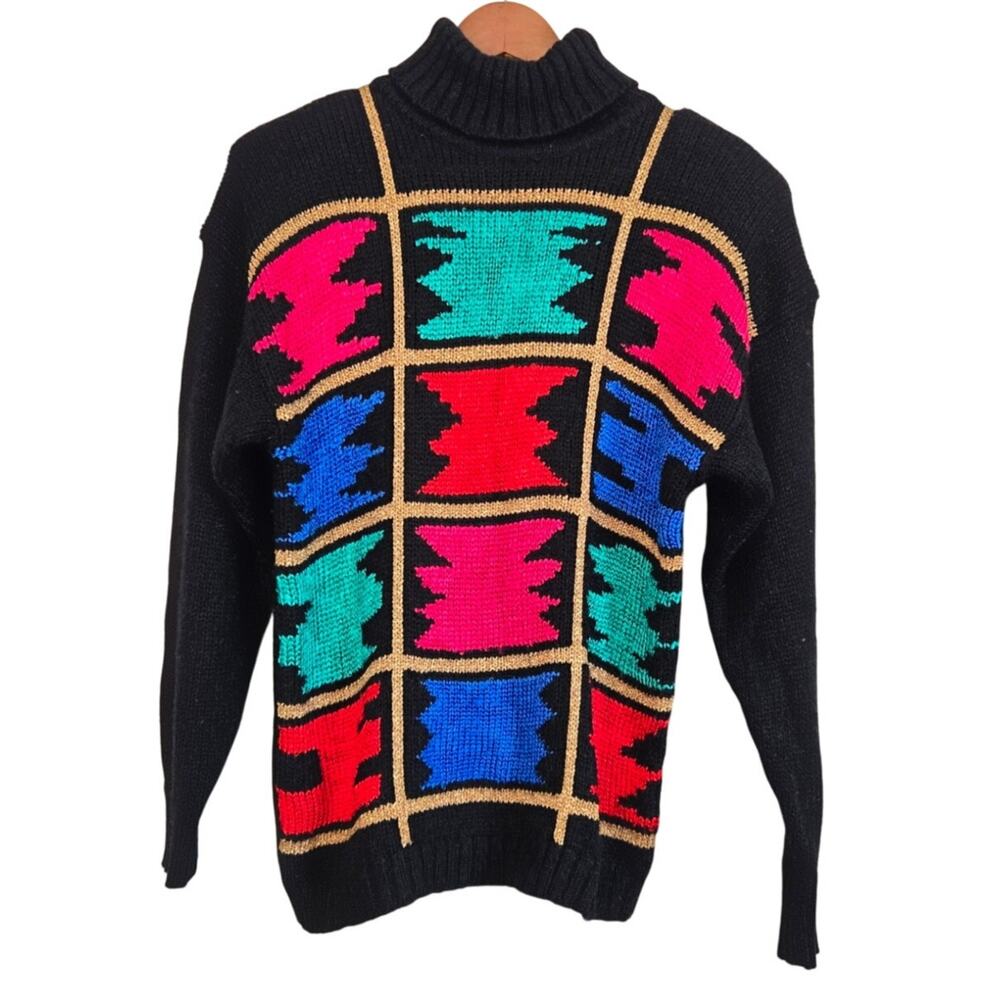 Vintage 80s Liz Sport Geometric Whimsigoth Rainbow Colorblock Padded Sweater S